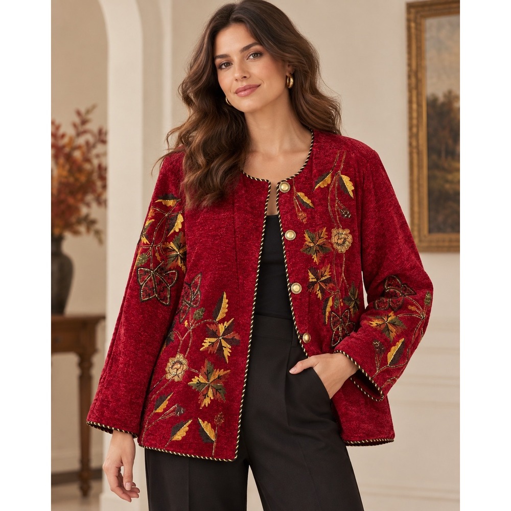 Maggie Barnes Embroidered Chenille Jacket Women 2X Red Floral Whimsigoth ArtWear